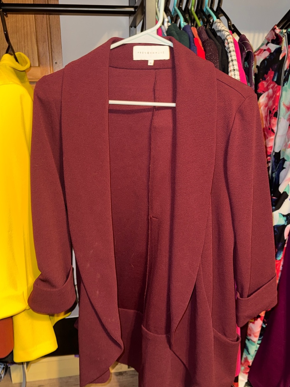 Open-Front Draped Blazer Jacket in Burgundy